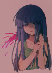 Rule 34 | 1girl, bag, bare arms, bare shoulders, blood, blue eyes, blue hair, blunt bangs, collarbone, commentary request, cropped torso, crying, crying with eyes open, dress, furude rika, green dress, hands up, higurashi no naku koro ni, holding, holding knife, knife, long hair, looking at viewer, noriuma, pink blood, simple background, sleeveless, smile, solo, tears, upper body