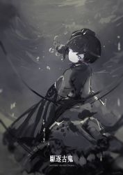 Rule 34 | 10s, 1girl, abyssal ship, air bubble, ancient destroyer oni, black hair, blue eyes, bubble, drill hair, female focus, glowing, glowing eyes, gradient background, japanese clothes, kantai collection, kimono, lansane, looking at viewer, looking back, monochrome, side drill, solo, spot color, underwater, wide sleeves