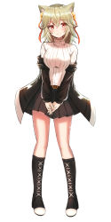 Rule 34 | 1girl, animal ear fluff, animal ears, bell, black footwear, black jacket, black skirt, blush, boots, cat ears, closed mouth, full body, hair bell, hair between eyes, hair ornament, hair ribbon, head tilt, highres, interlocked fingers, jacket, jingle bell, knee boots, light brown hair, long sleeves, looking at viewer, off shoulder, open clothes, open jacket, original, own hands together, pigeon-toed, pleated skirt, red ribbon, ribbed sweater, ribbon, shibakame, simple background, skirt, smile, solo, standing, sweater, turtleneck, turtleneck sweater, white background, white sweater