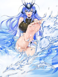 Rule 34 | 1girl, :d, azur lane, bare shoulders, barefoot, blue eyes, blue hair, blue nails, breasts, elbow gloves, feet, foot focus, gloves, headgear, highres, large breasts, long hair, looking at viewer, nail polish, new jersey (azur lane), open mouth, smile, soles, solo, switch01, toes, very long hair, water, white gloves