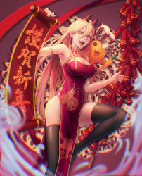 Rule 34 | 1girl, :d, absurdres, alternate breast size, animal print, bare arms, black thighhighs, blonde hair, breasts, carrot, chainsaw man, china dress, chinese clothes, cleavage, cleavage cutout, clothing cutout, dress, fang, hair between eyes, highres, holding, horns, large breasts, long hair, open mouth, pochita (chainsaw man), power (chainsaw man), print dress, rabbit print, red dress, scroll, shiny skin, sleeveless, sleeveless dress, smile, solo, symbol-shaped pupils, thighhighs, very long hair, yellow eyes, yipyacheng