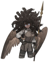 Rule 34 | 1girl, absurdres, afro, angel wings, big hair, black hair, blue eyes, cropped legs, cross scar, curly hair, dark-skinned female, dark skin, facial scar, feathered wings, female focus, gloves, hand on own hip, highres, holding, holding polearm, holding spear, holding weapon, leggings, long sleeves, looking at viewer, messy hair, napal (ve xillum), original, polearm, scar, scar on cheek, scar on face, simple background, solo, spear, tunic, weapon, white background, wings