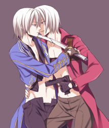Rule 34 | 2boys, brothers, capcom, coat, dante (devil may cry), devil may cry, devil may cry (series), devil may cry 3, frown, gun, karukanko, multiple boys, navel, open clothes, open shirt, shirt, siblings, smile, sword, tongue, trench coat, unzipped, vergil (devil may cry), weapon, white hair, yaoi