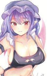 Rule 34 | 1girl, alternate breast size, bare shoulders, bat cutout, black bra, blush, bra, breasts, cismlyri, cleavage, frills, hands on own hips, hat, large breasts, light smile, medium hair, mob cap, pointy ears, purple hair, remilia scarlet, solo, touhou, underwear, upper body