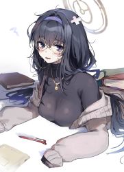 Rule 34 | 1girl, alternate breast size, black hair, black shirt, blue archive, blue eyes, blue hairband, book, breasts, cardigan, crying, glasses, grey cardigan, hair between eyes, hairband, halo, highres, inusaka, jewelry, large breasts, long hair, looking at viewer, lying, necklace, off shoulder, on stomach, open mouth, round eyewear, shirt, simple background, sleeves past fingers, sleeves past wrists, solo, ui (blue archive), white background