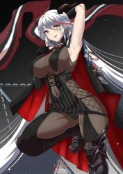 Rule 34 | 1girl, :d, absurdly long hair, aegir (azur lane), arm up, armored boots, armpits, azur lane, banner, black background, black cape, black footwear, black gloves, black panties, black thighhighs, bodystocking, boots, breast curtains, breasts, cameltoe, cape, chain, cleft of venus, commentary, covered navel, cross, cross-laced clothes, cross earrings, demon horns, earrings, english commentary, glint, gloves, hair between eyes, hand up, highres, horns, iron cross, jewelry, knee boots, large breasts, leg up, light particles, long hair, looking at viewer, multicolored hair, open mouth, panties, patreon username, red cape, red hair, sidelocks, single knee boot, sleeveless, smile, solo, standing, standing on one leg, streaked hair, striped, thighhighs, torahime (roland00), underwear, vertical stripes, very long hair, watermark, web address, white hair, yellow eyes
