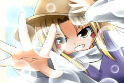 Rule 34 | 1girl, absurdres, blonde hair, bubble, female focus, foreshortening, gradient background, grin, hair ribbon, hat, highres, holding, holding clothes, holding hat, moriya suwako, nar, outstretched hand, ribbon, short hair, smile, solo, touhou, yellow eyes