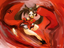 Rule 34 | 1girl, bare legs, bare shoulders, boots, breasts, brown eyes, brown hair, china dress, chinese clothes, detached sleeves, dress, fighting stance, guilty gear, guilty gear xrd, hair ornament, hair tubes, high heel boots, high heels, kuradoberi jam, large breasts, long hair, lowres, matching hair/eyes, oko (ocotaros), red background, red dress, skirt, solo, thigh strap, wryyoco