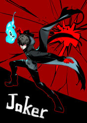 Rule 34 | 10s, amamiya ren, asutora, black coat, black footwear, black hair, black pants, boots, coat, fighting stance, gloves, hair between eyes, highres, long sleeves, looking at viewer, mask, open clothes, open coat, pants, parted lips, persona, persona 5, red background, red eyes, red gloves, smile