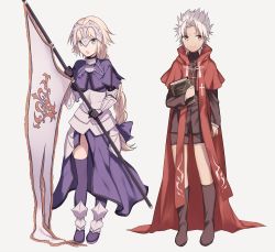 Rule 34 | 1boy, 1girl, aged down, amakusa shirou (fate), armor, armored dress, blonde hair, book, bow, braid, cape, capelet, chain, cross, fate/apocrypha, fate/grand order, fate (series), flag, full body, gauntlets, green eyes, hair bow, headpiece, holding, holding book, jeanne d&#039;arc (fate), jeanne d&#039;arc (ruler) (fate), long hair, long sleeves, looking at viewer, open mouth, purple bow, purple thighhighs, red cape, ruler (fate/grand order), single braid, smile, spiked hair, thighhighs, very long hair, white hair, wowishi, yellow eyes