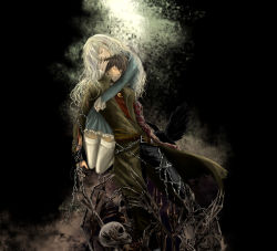Rule 34 | 1boy, 1girl, alice elliot, animal, belt, bird, bleeding, blood, blue dress, bound, brown hair, chain, closed eyes, closed mouth, clothes grab, crow, dark background, dress, frills, hand on another&#039;s head, hug, injury, leaning on person, leg grab, long coat, long hair, long sleeves, pants, shadow hearts, skeleton, thighhighs, tied up, timetail, toki-o, torn clothes, veins, white background, white hair, white thighhighs, yuri hyuga