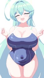 Rule 34 | 1girl, ahoge, animated, animated gif, blue archive, blue one-piece swimsuit, blush, bouncing breasts, breasts, cleavage, closed eyes, cowboy shot, flying sweatdrops, hair between eyes, halo, hands up, highres, large breasts, long hair, one-piece swimsuit, open mouth, piao mao, pixel art, simple background, smile, solo, swimsuit, very long hair, white background, yellow halo, yume (blue archive)