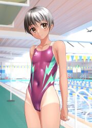 Rule 34 | 1girl, absurdres, black hair, breasts, brown eyes, commentary request, competition swimsuit, covered navel, highleg, highleg swimsuit, highres, indoors, lane line, lightning bolt print, logo, multicolored clothes, multicolored swimsuit, one-piece swimsuit, one-piece tan, original, pool, poolside, purple one-piece swimsuit, short hair, small breasts, solo, standing, string of flags, swimsuit, takafumi, tan, tanline, tomboy, variant set