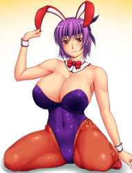 Rule 34 | 1girl, ameoto, animal ears, ayane (doa), bow, bowtie, breasts, brown pantyhose, cleavage, dead or alive, detached collar, fake animal ears, fishnet pantyhose, fishnets, headband, large breasts, leotard, long hair, pantyhose, playboy bunny, purple hair, rabbit ears, red eyes, short hair, sitting, solo, tecmo, thick thighs, thighs, wariza, wrist cuffs