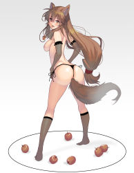 Rule 34 | 1girl, absurdres, anal tail, animal ears, apple, ass, black panties, breasts, brown hair, butt plug, commission, cosplay, elbow gloves, fake tail, fangs, food, from behind, fruit, gloves, hands on own hips, highres, holo, kneehighs, kneepits, kouno (masao), long hair, looking back, medium breasts, nipples, ookami-san, open mouth, panties, pixiv commission, ponytail, pouch, sex toy, side-tie panties, simple background, socks, solo, spice and wolf, standing, tail, topless, underwear, white background, wolf ears, wolf tail