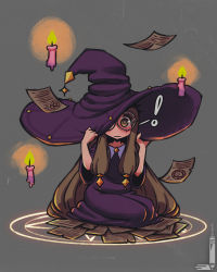 Rule 34 | !, 1girl, :|, blush, brown eyes, brown hair, candle, closed mouth, dress, embarrassed, glasses, grey background, hands up, hat, hat over one eye, highres, holding, holding clothes, holding hat, loen, long dress, long hair, looking at viewer, magic circle, one eye covered, original, paper, purple dress, purple hat, round eyewear, seiza, sitting, solo, twitter username, very long hair, wide-eyed, wide sleeves, witch hat