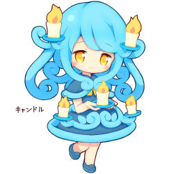 Rule 34 | 1girl, aikei ake, blue capelet, blue dress, blue footwear, blue hair, candle, capelet, chibi, dress, fire, full body, highres, holding, loafers, long hair, orange eyes, original, personification, shoes, simple background, solo, standing, standing on one leg, translation request, very long hair, white background