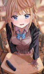 Rule 34 | 1girl, @ @, bandaged hand, bandages, blonde hair, blue eyes, blue nails, blurry, blurry background, blush, bow, bowtie, breasts, cardigan, chigusa minori, classroom, commentary request, desk, dress shirt, garter straps, half updo, hand on table, highres, jacket, long hair, looking at viewer, medium breasts, nail polish, open mouth, original, school uniform, shirt, skirt, solo, standing, sweatdrop, tearing up, tears, translation request