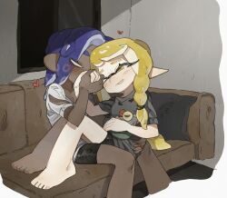 Rule 34 | 1boy, 1girl, barefoot, bike shorts, blonde hair, blue hair, carrying, carrying person, closed eyes, commentary, commentary request, couch, dark-skinned male, dark skin, eyebrow cut, eyelashes, full body, grey shirt, heart, hetero, highres, holding hands, indoors, inkling, inkling girl, inkling player character, long hair, medium hair, nintendo, octoling, octoling boy, octoling player character, on couch, one eye closed, open mouth, pointy ears, redbeanpie0, shirt, sitting, smallfry (splatoon), smile, splatoon (series), splatoon 3, tentacle hair, thick eyebrows, yellow eyes