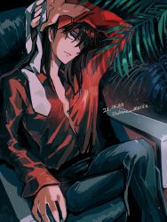 Rule 34 | 1boy, black pants, chair, closed mouth, collared shirt, commentary request, crossed legs, dated, feet out of frame, hair over one eye, highres, holding necktie, ichijou seiya, kaiji, long bangs, long hair, long sleeves, looking at viewer, male focus, necktie, office chair, pants, red eyes, red hair, red shirt, shirt, solo, swivel chair, unknown03162, white necktie