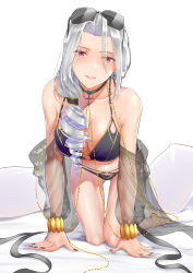 Rule 34 | 1girl, absurdres, all fours, bare shoulders, barefoot, bikini, black bikini, blush, bracelet, breasts, c.rabbit, carmilla (fate), carmilla (swimsuit rider) (fate), carmilla (swimsuit rider) (third ascension) (fate), chain, choker, cleavage, collarbone, curly hair, earrings, eyewear on head, fate/grand order, fate (series), forehead, highres, jewelry, large breasts, long hair, looking at viewer, parted bangs, parted lips, red eyes, side ponytail, silver hair, simple background, smile, solo, sunglasses, swimsuit, thighs, white background