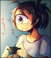 Rule 34 | + +, ^^^, blurry, blush, brown eyes, brown hair, chromatic aberration, clenched teeth, collarbone, controller, cyclops, depth of field, dithered background, dithering, framed, joystick, messy hair, muroku (aimichiyo0526), one-eyed, original, playing games, shirt, sketch, solo, sweat, t-shirt, teeth