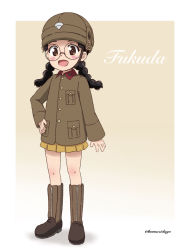 Rule 34 | 1girl, :d, absurdres, beige background, black hair, blush stickers, boots, braid, brown eyes, brown footwear, brown headwear, brown jacket, character name, chi-hatan military uniform, commentary, emblem, fukuda haru, girls und panzer, glasses, gradient background, hand on own hip, helmet, highres, jacket, knee boots, kumaji (kumazidayo), long hair, long sleeves, looking at viewer, military, military uniform, miniskirt, open mouth, pleated skirt, round eyewear, skirt, smile, solo, standing, twin braids, twintails, twitter username, uniform, yellow skirt