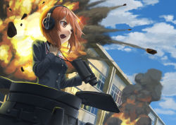 Rule 34 | 10s, 1girl, absurdres, binoculars, blue sky, breasts, brown eyes, brown hair, building, buttons, cloud, cloudy sky, day, explosion, girls und panzer, headphones, highres, holding, long sleeves, military, military uniform, military vehicle, motor vehicle, nishizumi miho, open mouth, school uniform, serafuku, short hair, sky, small breasts, smoke, solo, t@kuyoa, tank, teeth, uniform, vehicle