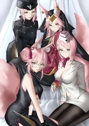 Rule 34 | 4girls, absurdres, animal ear fluff, animal ears, bare shoulders, bell, black dress, black headwear, black jacket, black legwear, blush, breasts, buttons, center opening, china dress, chinese clothes, circle, circlet, closed mouth, double bun, dress, ear piercing, eyewear strap, fate/grand order, fate (series), faton, fox ears, fox girl, fox tail, garrison cap, glasses, grey-framed eyewear, hair between eyes, hair bun, hat, highres, indian clothes, jacket, jingle bell, koyanskaya (chinese lostbelt outfit) (fate), koyanskaya (fate), koyanskaya (foreigner) (first ascension) (fate), koyanskaya (indian lostbelt outfit) (fate), koyanskaya (russian lostbelt outfit) (fate), lantern, large breasts, long hair, looking at viewer, multiple girls, multiple persona, navel, open mouth, pantyhose, parted lips, pencil skirt, piercing, pink hair, pink scarf, scarf, shawl, sitting, skirt, smile, tail, tamamo (fate), tassel, thighs, veil, white headwear, white jacket, white skirt, yellow eyes