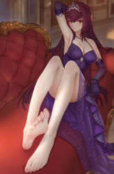 Rule 34 | 1girl, absurdres, arm behind head, barefoot, breasts, cleavage, fate/grand order, fate (series), feet, highres, long hair, looking at viewer, red eyes, scathach (fate), scathach (fate), smile, soles, tiara, toes