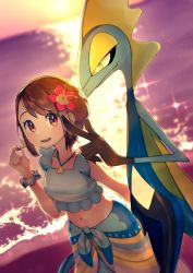 Rule 34 | 1girl, blue sarong, blue shirt, blurry, blush, bright pupils, brown eyes, brown hair, closed mouth, collarbone, commentary request, creatures (company), flower, game freak, gen 8 pokemon, gloria (pokemon), gloria (summer 2021) (pokemon), hair flower, hair ornament, twirling hair, hand up, highres, inteleon, jewelry, navel, necklace, nintendo, official alternate costume, open mouth, outdoors, pokemon, pokemon (creature), pokemon masters ex, rindoriko, sand, sarong, scrunchie, shirt, shore, short hair, sleeveless, sleeveless shirt, smile, sparkle, standing, sun, sunset, teeth, twilight, upper teeth only, water, white pupils, wrist scrunchie, yellow eyes