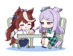 Rule 34 | :&gt;, = =, animal ears, bendy straw, black footwear, black legwear, blush, bow, brown hair, brown shorts, cake, cake slice, chair, chibi, collared shirt, commentary request, cup, drawstring, dress, dress shirt, drinking glass, drinking straw, ear ribbon, closed eyes, food, fork, green dress, green ribbon, hair ribbon, holding, holding cup, holding fork, hood, hood down, hoodie, horse ears, horse girl, horse tail, ice, ice cube, pantyhose under shorts, long sleeves, mejiro mcqueen (umamusume), multicolored hair, nozo (hitomiz), on chair, pantyhose, parted lips, pink ribbon, plaid, plaid dress, plate, ponytail, puffy long sleeves, puffy sleeves, purple eyes, purple hair, ribbon, shirt, shoes, short eyebrows, shorts, sitting, sleeveless, sleeveless dress, smile, socks, streaked hair, table, tail, thick eyebrows, tokai teio (umamusume), triangle mouth, umamusume, white footwear, white hoodie, white legwear, white shirt
