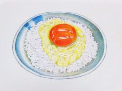 Rule 34 | bowl, colored pencil (medium), egg (food), egg yolk, food, food focus, highres, manmosu-0607, no humans, original, raw egg, rice, still life, tamagokake gohan, traditional media