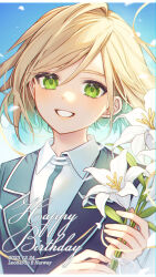Rule 34 | 1boy, black jacket, blonde hair, character name, collared shirt, commentary request, dated, fate/extra, fate (series), flower, green eyes, hair between eyes, happy birthday, highres, holding, holding flower, jacket, karokuchitose, leonard bistario harway, looking at viewer, male focus, shirt, smile, solo, upper body, white flower, white shirt