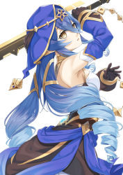 Rule 34 | 1girl, bare shoulders, blue hair, commentary request, cowboy shot, dress, drill hair, genshin impact, hair between eyes, holding, holding sword, holding weapon, hood, layla (genshin impact), long hair, looking at viewer, miri (ago550421), parted lips, simple background, solo, sword, very long hair, weapon, white background, yellow eyes