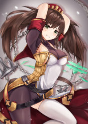Rule 34 | 1girl, :d, aircraft, airplane, anchor, arched back, arms behind back, arms up, asymmetrical clothes, azur lane, belt, biplane, blush, breasts, brown hair, chain, covered navel, cowboy shot, crown, dress, green eyes, grin, head tilt, highres, leg up, long hair, looking at viewer, medium breasts, open mouth, remodel (azur lane), ryara, shadow, short sleeves, single pantsleg, single thighhigh, smile, solo, standing, standing on one leg, teeth, thighhighs, twintails, white dress, white thighhighs, york (azur lane)