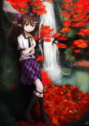 Rule 34 | 1girl, arm around waist, autumn leaves, black footwear, black necktie, black socks, blurry, bow, brown eyes, brown hair, cellphone, checkered clothes, checkered skirt, collared shirt, depth of field, flat chest, hair bow, hat, himekaidou hatate, leaf, leaning back, legwear garter, long hair, mary janes, moss, necktie, parted lips, phone, pointy ears, pond, ponytail, ripples, rock, shirt, shoes, short sleeves, signature, skirt, socks, solo, tokin hat, touhou, tree, twintails, usui ryuusan, water, water drop, waterfall
