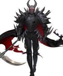 Rule 34 | 1boy, armor, armored boots, boots, cape, death knight (fire emblem), fangs, fire emblem, fire emblem: three houses, fire emblem heroes, full body, gloves, glowing, glowing eyes, helmet, highres, horns, looking at viewer, male focus, nintendo, official art, red eyes, scythe, solo, torn clothes, transparent background
