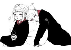 Rule 34 | 1boy, 1girl, absurdres, bald, blush, cup, cushion, ear piercing, earrings, highres, holding, holding cup, hood, hooded coat, ice, jewelry, monochrome, original, piercing, short hair, sick, sitting, snot, spot color, unthuku