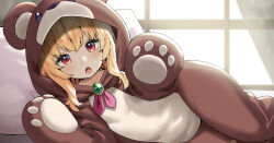 Rule 34 | 1girl, :o, animal costume, animal ears, bandaid, bandaid on knee, bandaid on leg, bear costume, bear ears, bed, blonde hair, blush, cropped, curtains, highres, indoors, little witch nobeta, looking at viewer, lying, nobeta, official art, on bed, on side, open mouth, pillow, red eyes, solo, window
