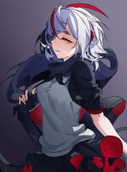 Rule 34 | 1girl, absurdres, arknights, black gloves, black jacket, black skirt, breasts, fingerless gloves, gloves, grey hair, grey shirt, highres, jacket, ken rqll, looking at viewer, multicolored hair, open clothes, open jacket, parted lips, shadow, shirt, short hair, short sleeves, skirt, small breasts, solo, streaked hair, upper body, w (arknights), yellow eyes