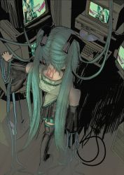 Rule 34 | 1girl, absurdly long hair, absurdres, aqua hair, arm support, bare shoulders, black footwear, black skirt, black sleeves, body writing, boots, cable, cd, character name, computer, crt, dark, detached sleeves, facing away, from above, from behind, full body, grey shirt, hair ornament, hatsune miku, highres, indoors, keyboard (computer), long hair, miniskirt, monitor, n00dlesandwitch, perspective, pleated skirt, shadow, shirt, skirt, sleeveless, sleeveless shirt, solo, standing, thigh boots, thighhighs, twintails, very long hair, vocaloid, zettai ryouiki
