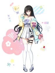Rule 34 | 1girl, bai winchester, bare shoulders, belt, black hair, blush, braid, breasts, choker, closers, dress, embarrassed, green jacket, heterochromia, highres, jacket, large breasts, long hair, long sleeves, looking to the side, mary janes, multicolored clothes, multicolored jacket, non-web source, off shoulder, official art, open clothes, open jacket, open mouth, pink eyes, pleated dress, purple eyes, shoes, sleeveless, sleeveless dress, solo, spaghetti strap, thigh strap, thighhighs, thighs, two-tone jacket, very long hair, white choker, white dress, white thighhighs, yellow jacket, zettai ryouiki