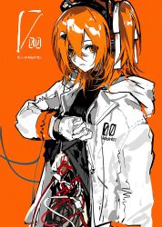 1girl adachi_rei black_shirt character_name clothes_lift colored_skin computer_chip gloves hair_between_eyes hair_ornament hair_ribbon hanaseto headset highres hood hooded_jacket jacket limited_palette medium_hair one_side_up orange_eyes orange_theme ribbon shirt shirt_lift sketch solo sound_wave turtleneck utau white_gloves white_jacket white_ribbon white_skin wire