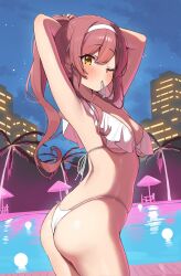 Rule 34 | 1girl, absurdres, adjusting hair, armpits, arms behind head, arms up, ass, back, bare shoulders, bikini, blush, breasts, building, cleavage, closed mouth, collarbone, from behind, hair tie in mouth, hairband, hands in hair, highres, idolmaster, idolmaster shiny colors, long hair, looking at viewer, looking back, median furrow, medium breasts, mouth hold, night, night sky, one eye closed, osaki amana, outdoors, palm tree, ponytail, pool, poolside, red hair, sky, solo, standing, star (sky), starry sky, swept bangs, swimsuit, tree, tying hair, wanimaru, white bikini, yellow eyes