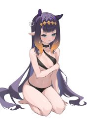 Rule 34 | 1girl, absurdres, anger vein, angry, animal ears, arm under breasts, bare arms, bare legs, bare shoulders, barefoot, bikini, blue eyes, blunt bangs, blush, breasts, breasts apart, choker, collarbone, diamond hairband, extra ears, full body, headpiece, highres, hololive, hololive english, long hair, looking at viewer, navel, ninomae ina&#039;nis, oiru (fattyoils), orange hair, pointy ears, purple hair, revealing clothes, seiza, simple background, sitting, solo, swimsuit, tentacle hair, tentacles, very long hair, virtual youtuber, wavy mouth, white background