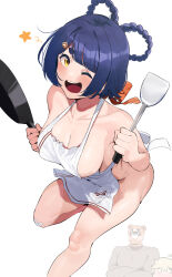 Rule 34 | 1boy, 1girl, 1other, ;d, aether (genshin impact), apron, bandaid, bandaid on knee, bandaid on leg, blue hair, breasts, cleavage, collarbone, commentary, frying pan, genshin impact, guoba (genshin impact), hair ornament, hair rings, hairpin, highres, holding, holding frying pan, large breasts, looking at viewer, naked apron, nipple slip, nipples, okpriko, one eye closed, open mouth, short eyebrows, short hair, smile, solo focus, standing, standing on one leg, star (symbol), symbol-only commentary, teeth, thick eyebrows, upper teeth only, white background, xiangling (genshin impact), yellow eyes