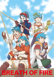 Rule 34 | 5boys, blue eyes, blue hair, breath of fire, breath of fire i, breath of fire ii, breath of fire iii, breath of fire iv, breath of fire v, capcom, cloud, commentary request, day, facial mark, forehead mark, gloves, green eyes, in-franchise crossover, jewelry, male focus, multiple boys, necklace, outdoors, ryuu (breath of fire i), ryuu (breath of fire ii), ryuu (breath of fire iii), ryuu (breath of fire iv), ryuu (breath of fire v), sitting, sky, spiked hair, standing