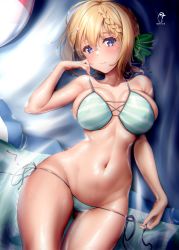 Rule 34 | 1girl, absurdres, ball, beach towel, beachball, bikini, blonde hair, blush, braid, braided bangs, breasts, cameltoe, closed mouth, covered erect nipples, dated, etsunami kumita, fingernails, green ribbon, hair between eyes, hair ornament, hair ribbon, hairclip, highres, kantai collection, large breasts, looking at viewer, lying, mixed-language commentary, on back, perth (kancolle), purple eyes, ribbon, shiny skin, side-tie bikini bottom, signature, solo, striped bikini, striped clothes, sweat, swimsuit, towel