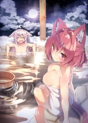 Rule 34 | 2girls, :3, animal ears, bathing, breasts, cat ears, cat girl, cat tail, fang, fox ears, fox girl, full moon, highres, in water, large breasts, long hair, moon, multiple girls, naked towel, night, onsen, original, partially submerged, pink eyes, pink hair, shiro youduki, short hair, sitting, small breasts, smile, tail, towel, white hair